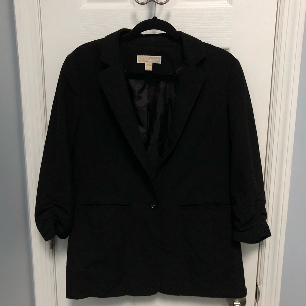 MICHAEL KORS Size 8 Womens Black 3/4 Rouched Sleeve One Button Blazer